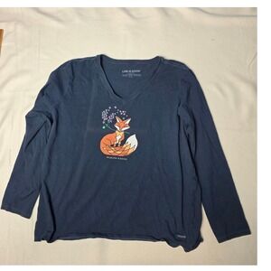 Life is Good Women's shirt XXL Blue Long Sleeve V Neck Fox Wildlife is Good